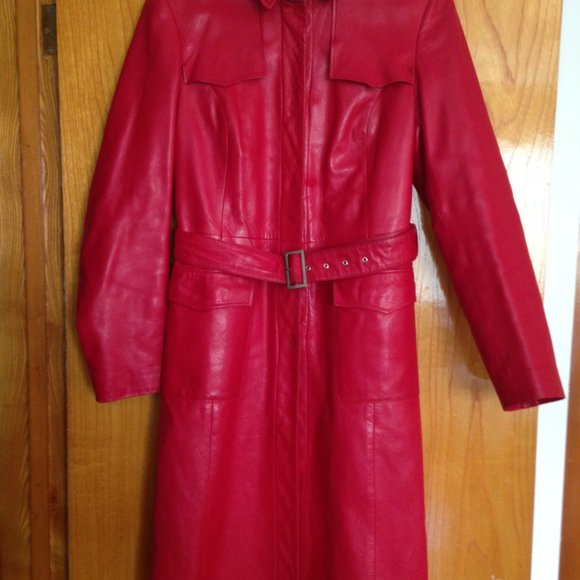 Vintage Mid-Length Genuine Leather Red Coat - Picture 4 of 10